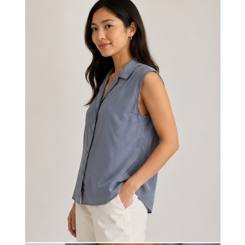 Ann Taylor 100% Silk Chiffon Blue Sleeveless Blouse Size 10